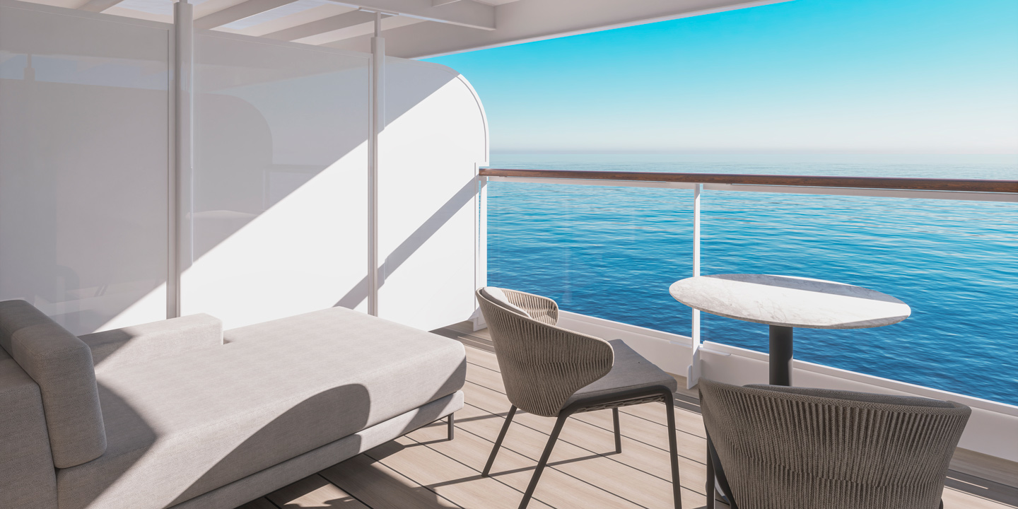 Vyn från balkongen till en Ocean Grand Terrace Suite ombord på Explora I.