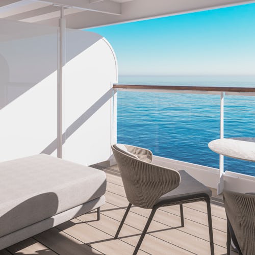 Vyn från balkongen till en Ocean Grand Terrace Suite ombord på Explora I.