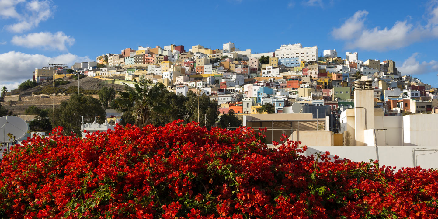 Vackra blommor och färgglad arkitektur i Las Palmas på Gran Canaria, Kanarieöarna.