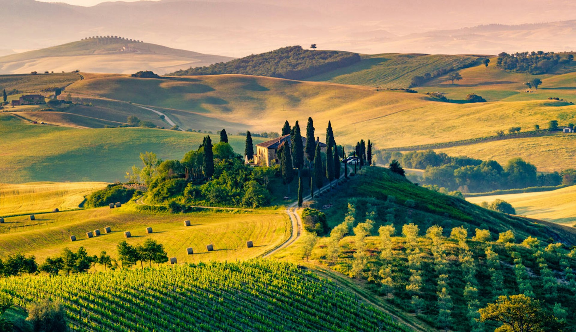 Vackra Toscana i Italien, med sina böljande kullar och ståtliga vingårdar.