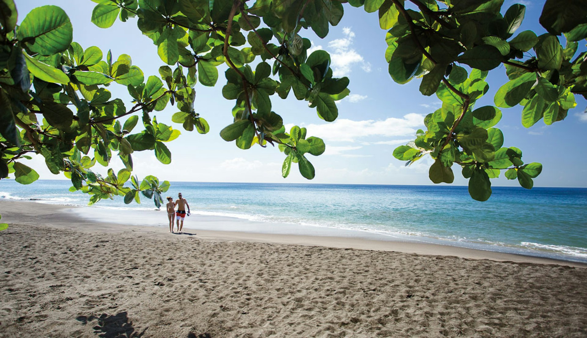 Par strosar på stranden på Martinique i Karibien.