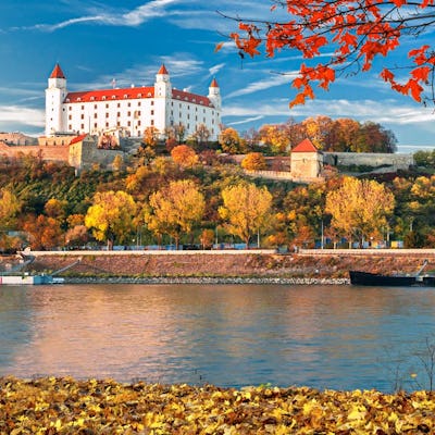 Bratislava slott i Slovakien, med vackert röda höstlöv i förgrunden.