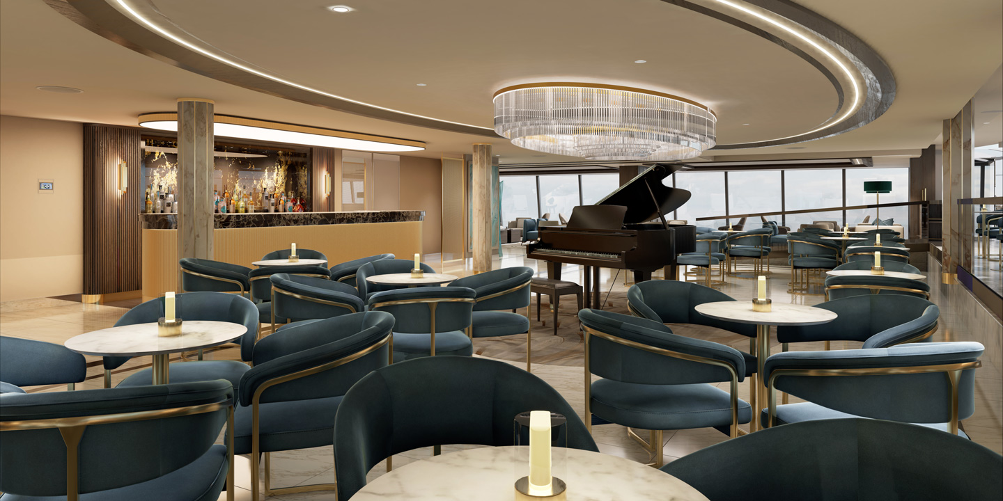 Explora lounge ombord på Explora Journeys fartyg I och II.