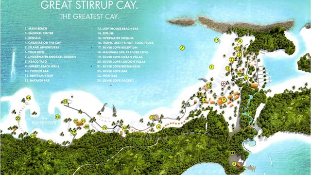 Karta över Great Stirrup Cay i Bahamas.