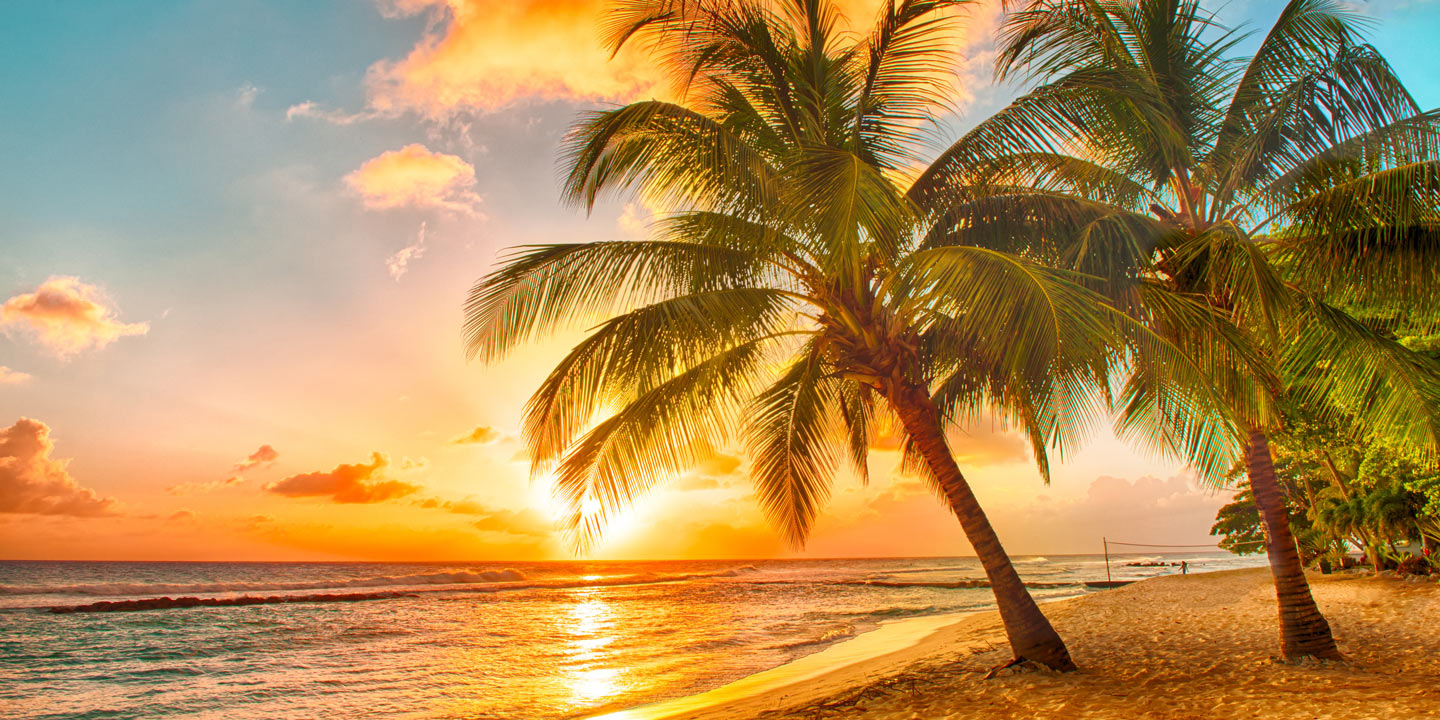 Vacker solnedgång vid en strand i Karibien.