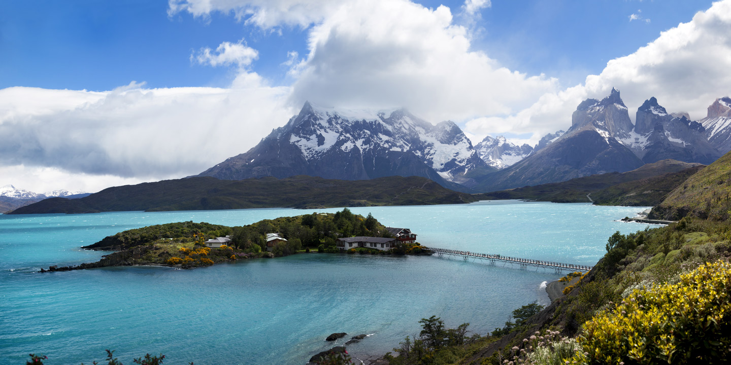 Lake Pehoe i Patagonien i Chile, Sydamerika.