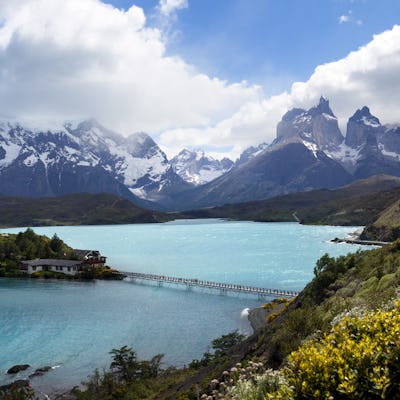 Lake Pehoe i Patagonien i Chile, Sydamerika.