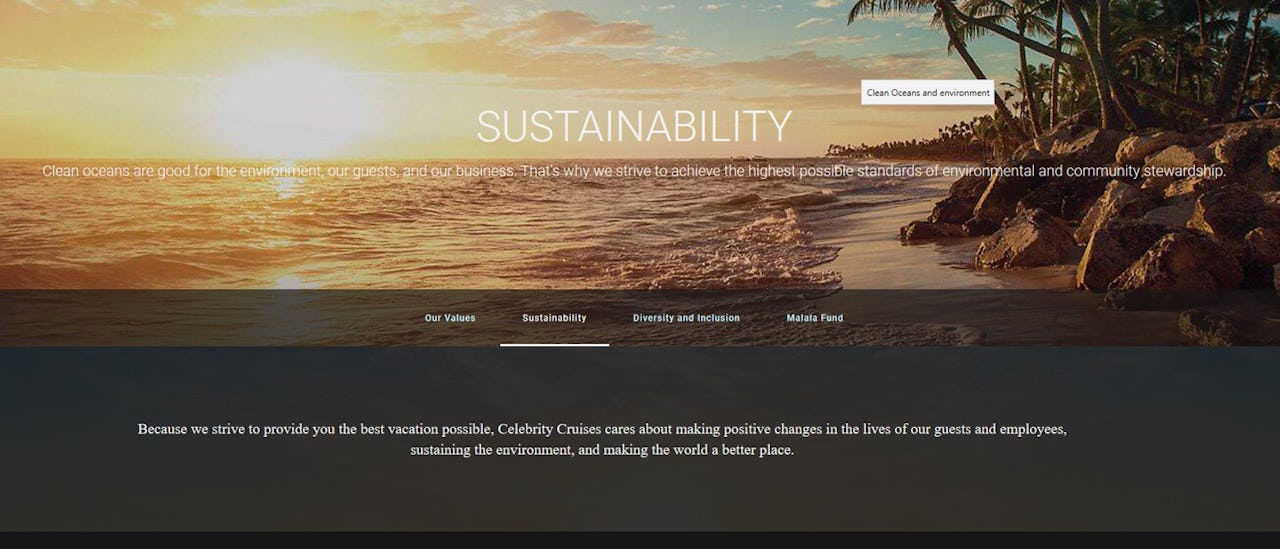 Bild på Celebrity Cruises hemsida där du kan läsa om rederiets miljöarbete.
